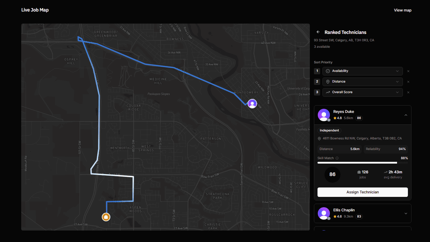Vremly live dispatch map, real-time view of active jobs across Edmonton